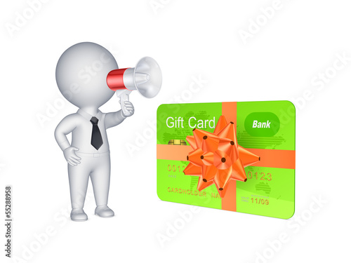 3d person with megaphone and credit card.