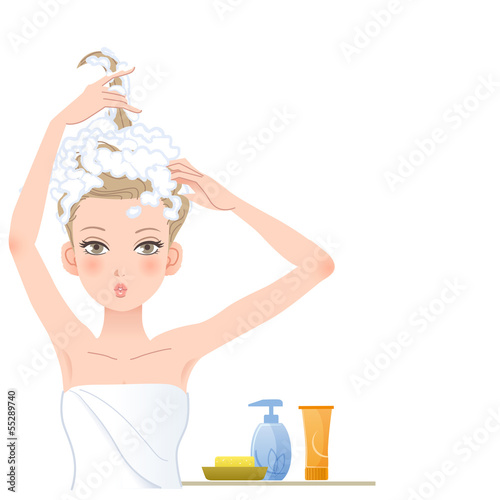 シャンプー 女性 Pretty woman posing funny, soaping her head