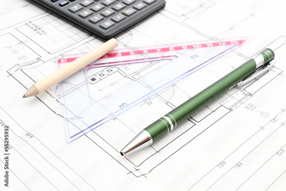 Drawing accesories and calculator on housing plan Drawing accesories and calculator on housing plan