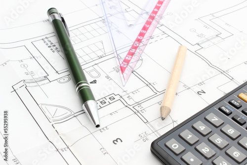 Drawing accesories and calculator on housing plan