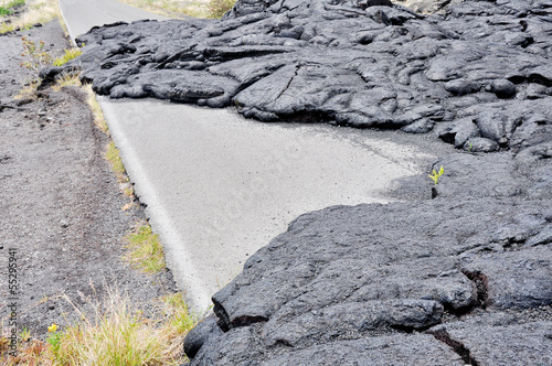 Road closed by lava in Hawaii Volcanoes National Park (USA)