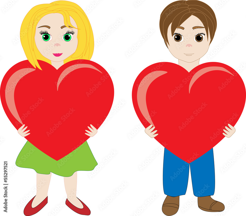 Boy and girl with hearts, isolated on white Boy and girl with hearts, isolated on white