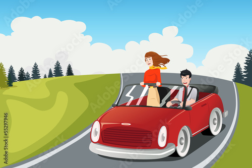 Couple riding a car going on a road trip