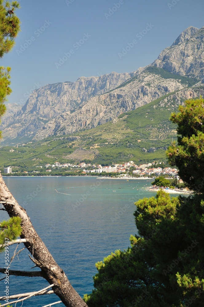 Fototapeta premium View of Biokovo mountain with adriatic sea at Tucepi, Croatia