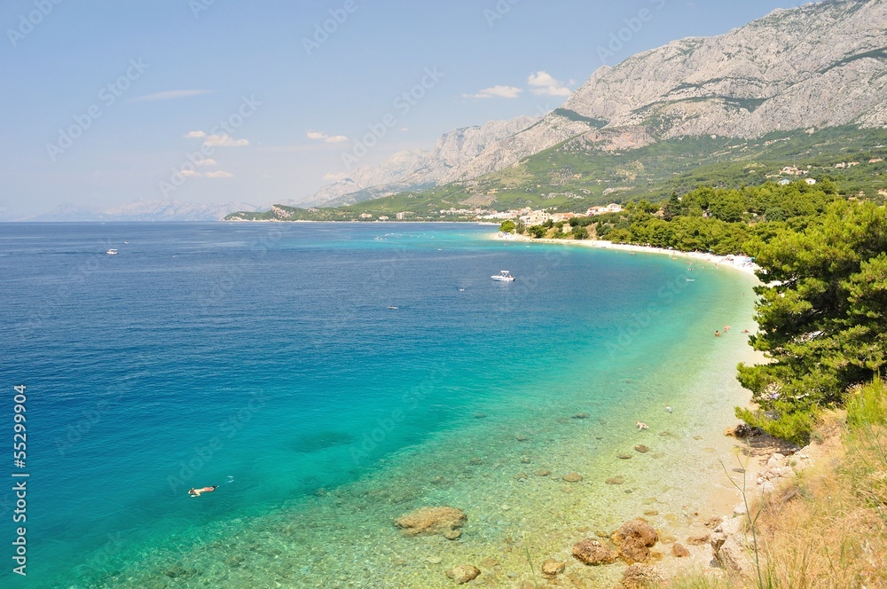 Coastline at Tucepi with Biokovo and adriatic sea, Croatia
