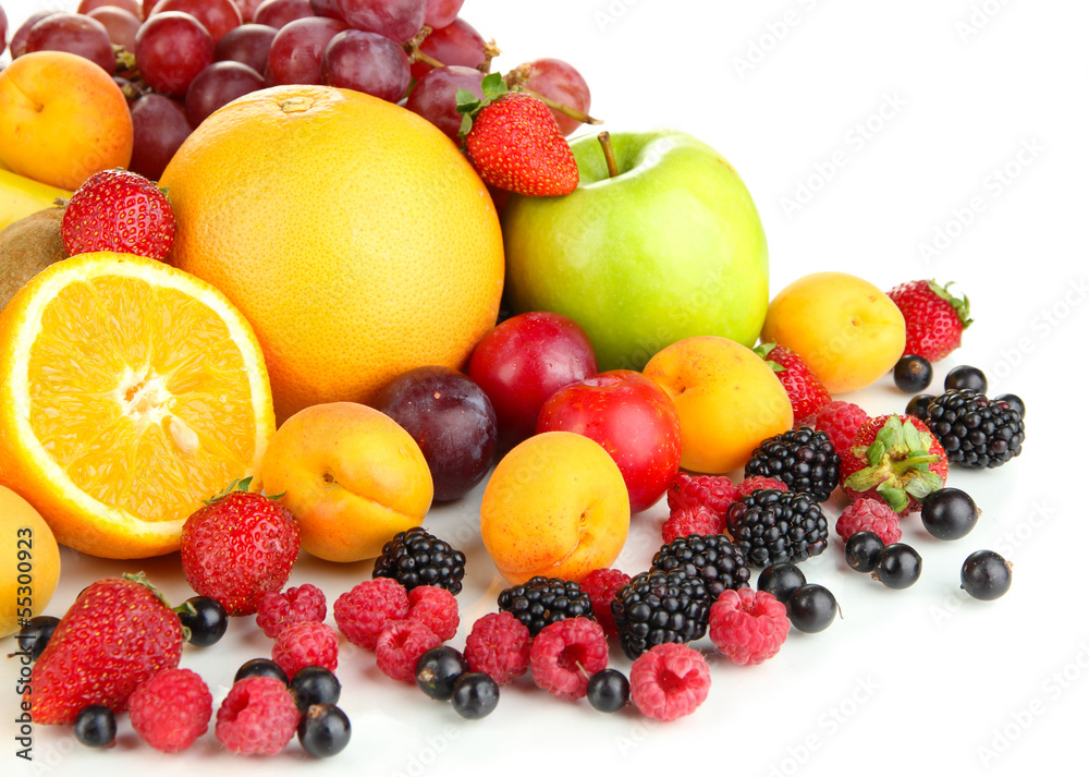 Fresh fruits and berries isolated on white Fresh fruits and berries isolated on white