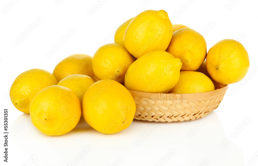 Ripe lemons in wicker basket isolated on white Ripe lemons in wicker basket isolated on white