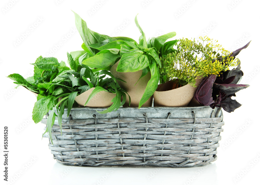 Naklejka premium Fresh herbs in basket, isolated on white