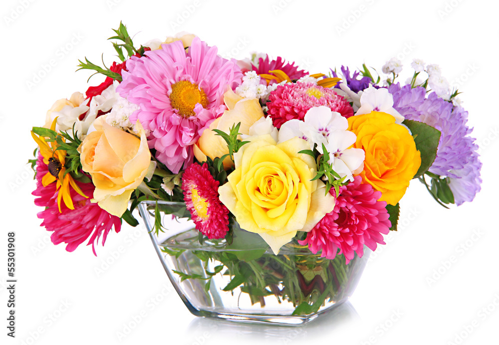 Obraz premium Beautiful bouquet of bright flowers in glass vase, isolated