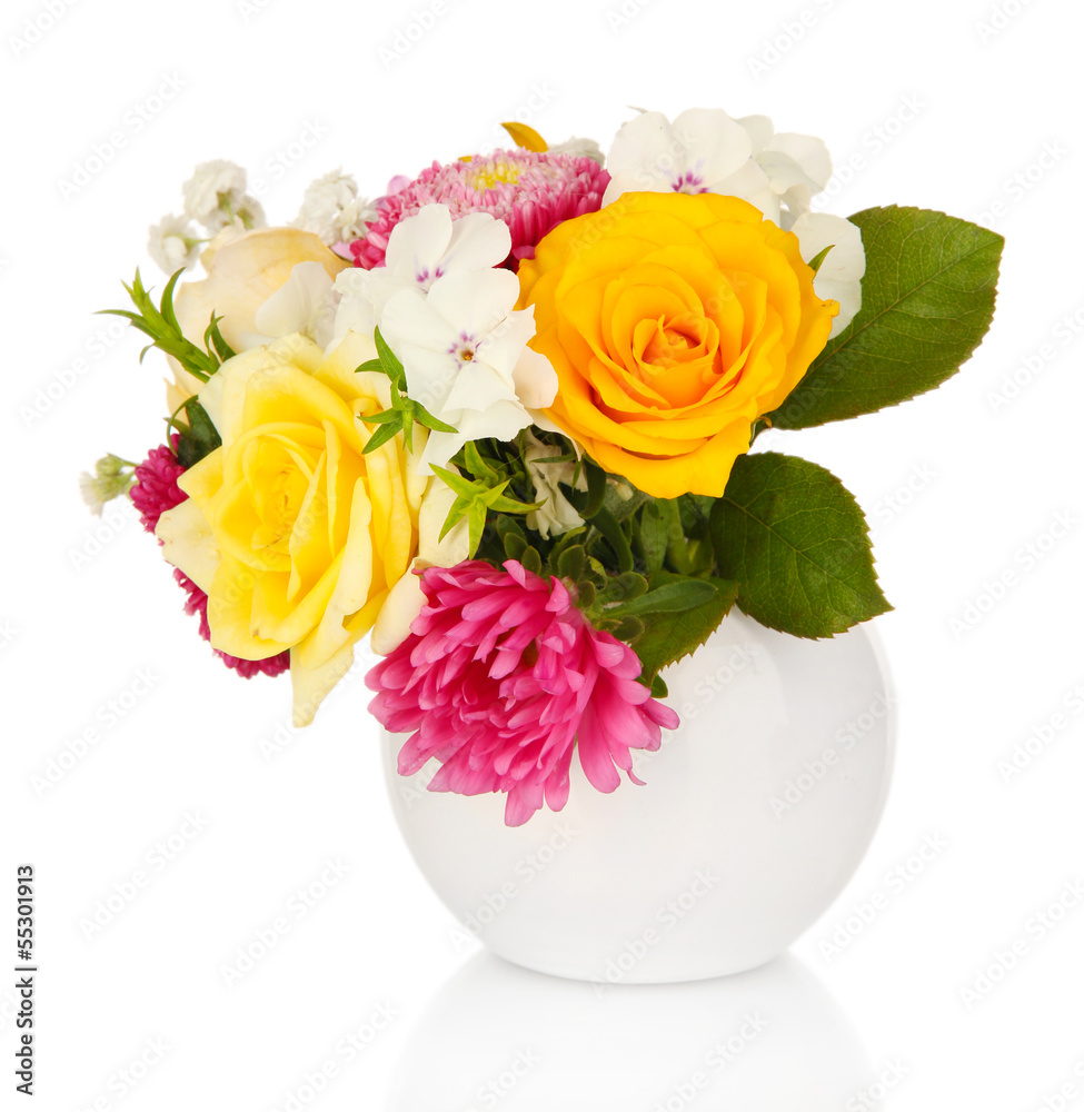 Beautiful bouquet of bright flowers in glass vase, isolated Beautiful bouquet of bright flowers in glass vase, isolated