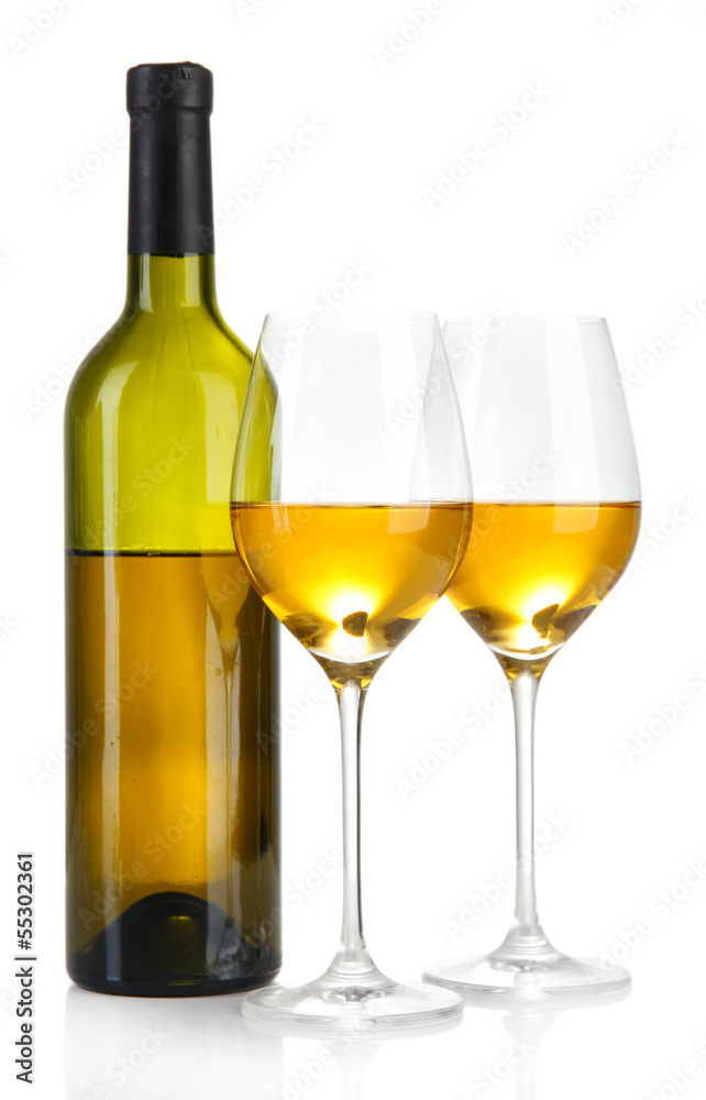 Wine bottle and wineglasses with white wine, isolated on white Wine bottle and wineglasses with white wine, isolated on white