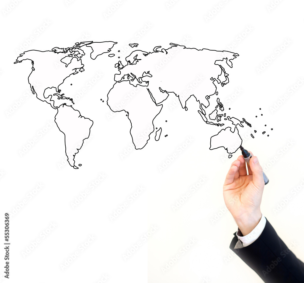 hand of businessman painting map of the world hand of businessman painting map of the world