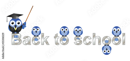 Back to school text with bird teacher and pupils