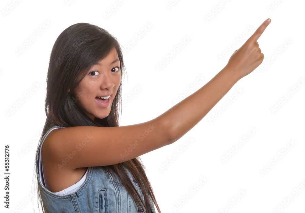 Pointing asian woman on a white background Pointing asian woman on a white background