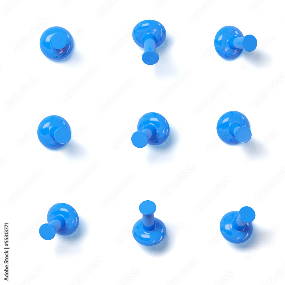 Set of blue push pins with different angles isolated