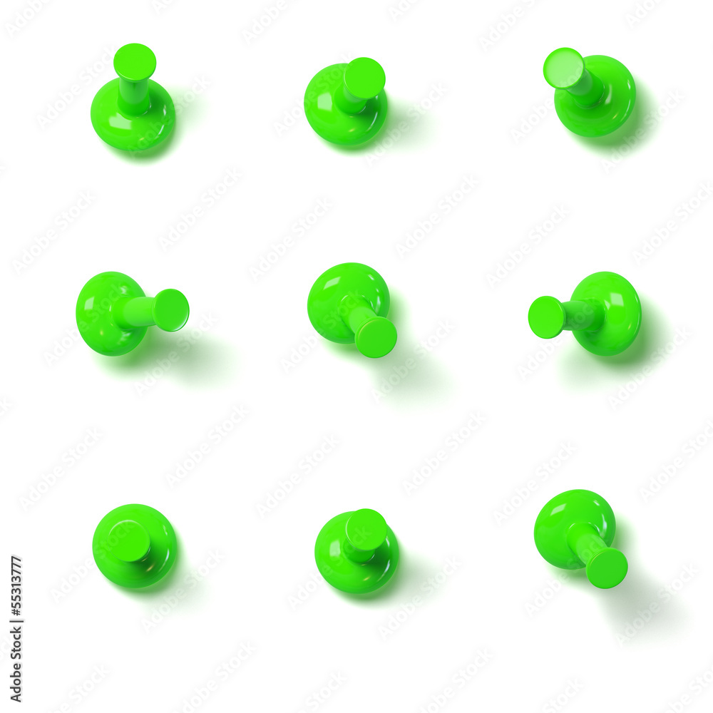 Set of green push pins with different angles isolated