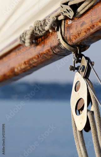 Old rigging on wooden sailing boat