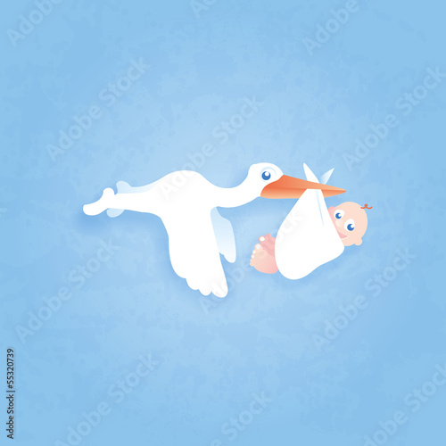 Storch mit Baby blauer Hintergrund