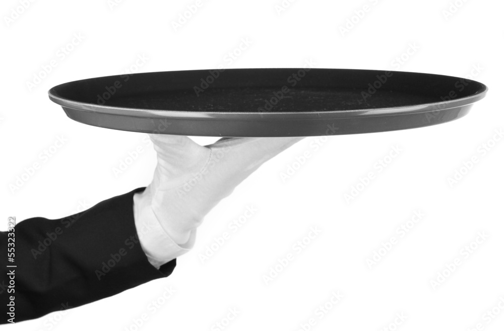 Empty tray in hand waiter isolated on white Empty tray in hand waiter isolated on white