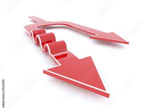Red 3D arrow seperates into two distinct path