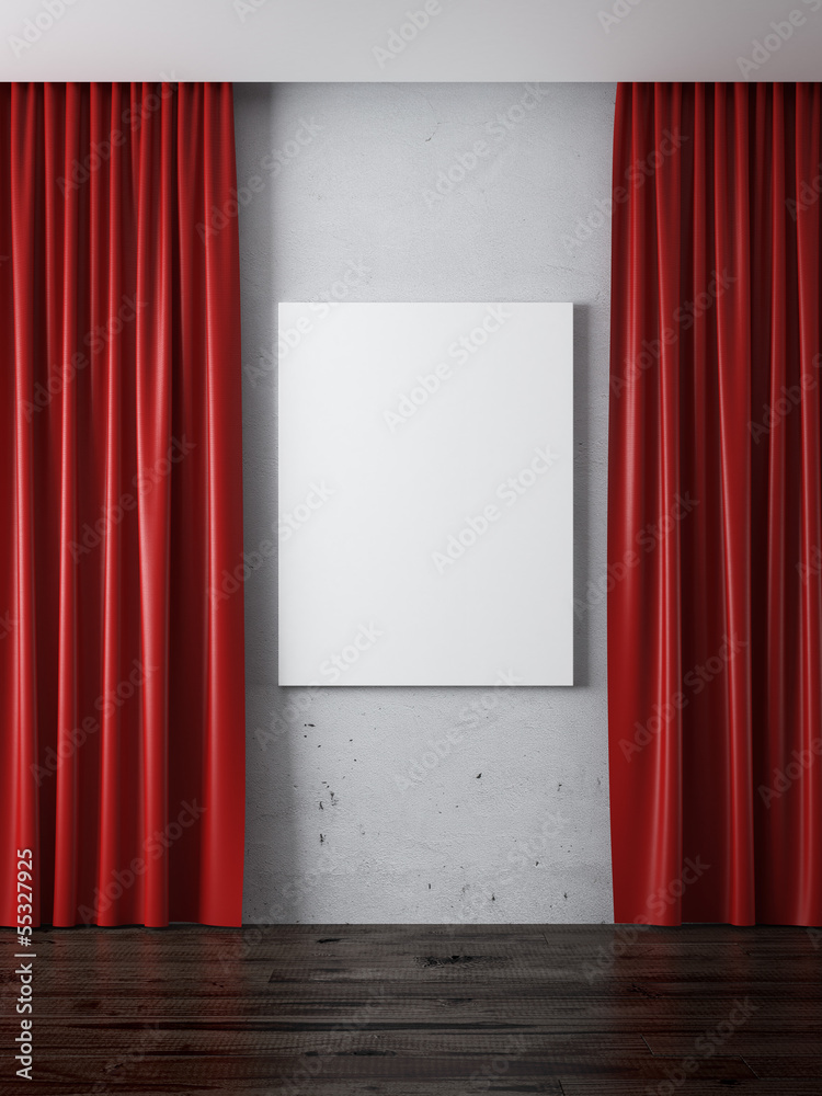 Interior with red curtains and blank frame Interior with red curtains and blank frame