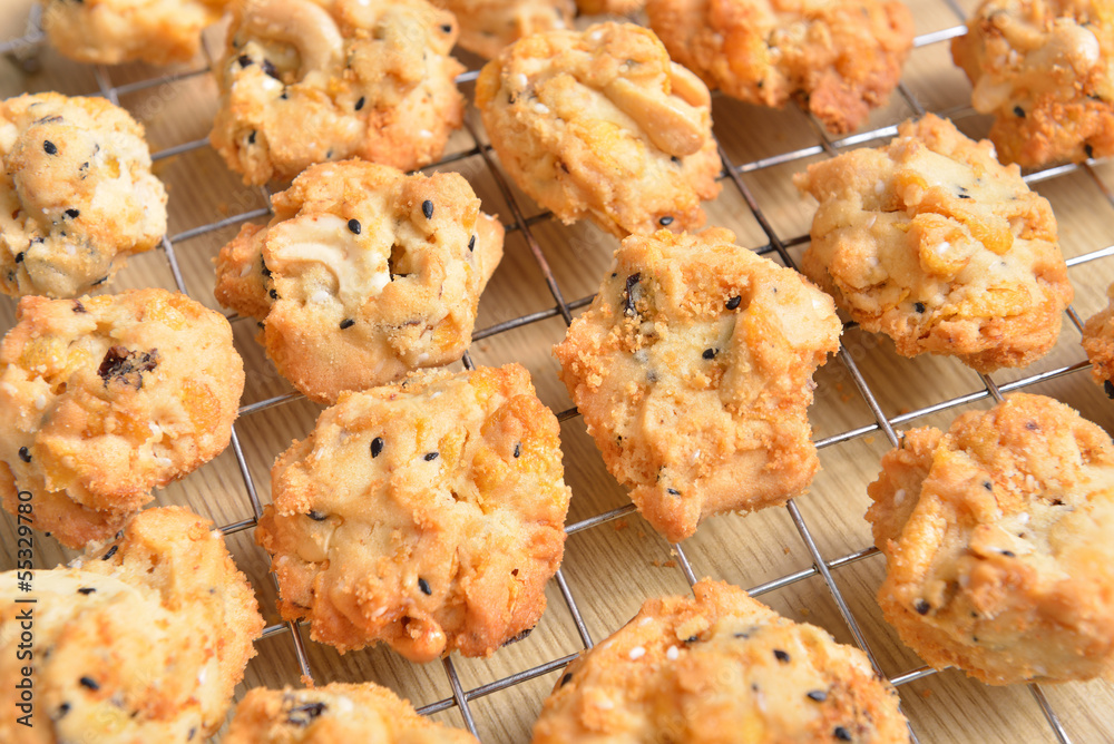 Cereal cookies on the stainless sieve Cereal cookies on the stainless sieve