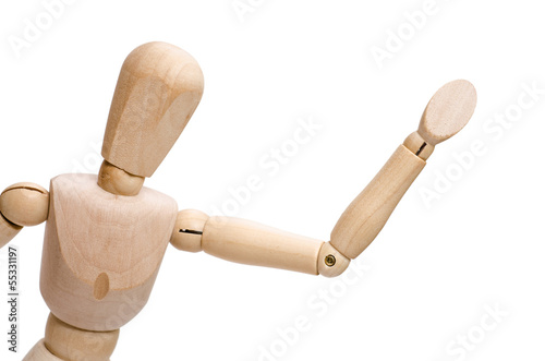 Figur aus Holz tut zur Begrüssung den Arm und die Hand heben