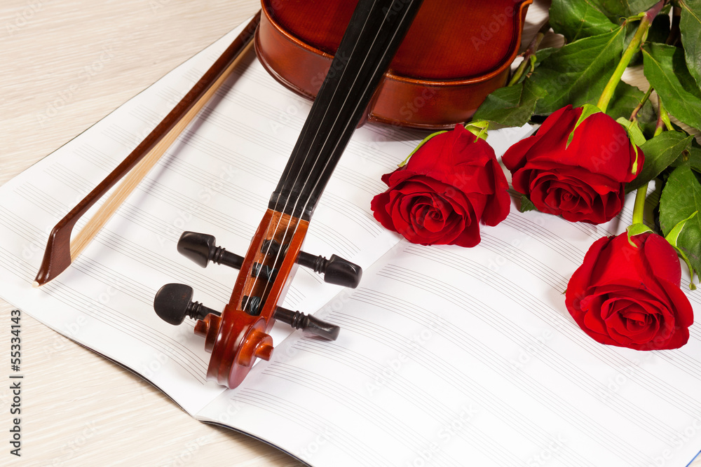 Fototapeta premium Red roses and a violin
