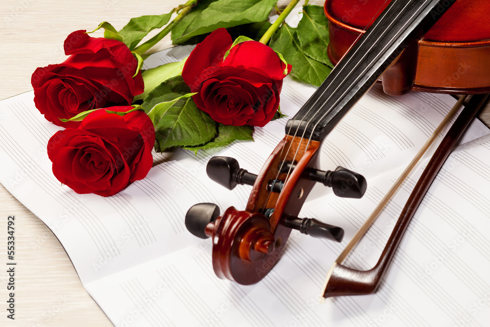 Fototapeta premium Red roses and a violin