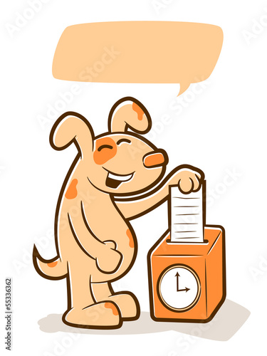 Illustration of a  cute dog putting a time card in a timeclock