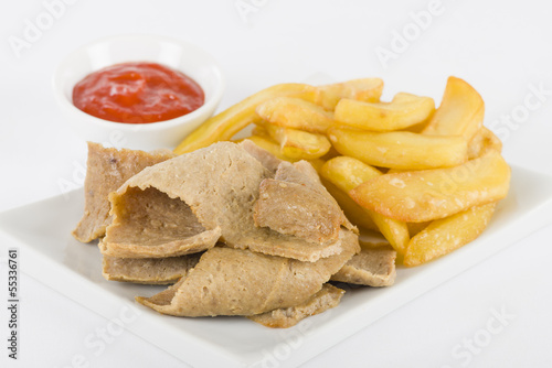 Donner Meat & Chips - Donner slices with fries and chili sauce.