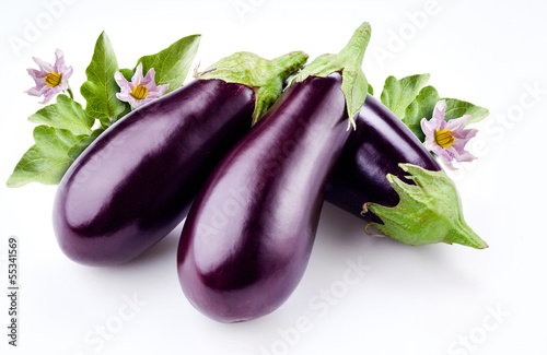 aubergine with leaves and flowers isolated on white