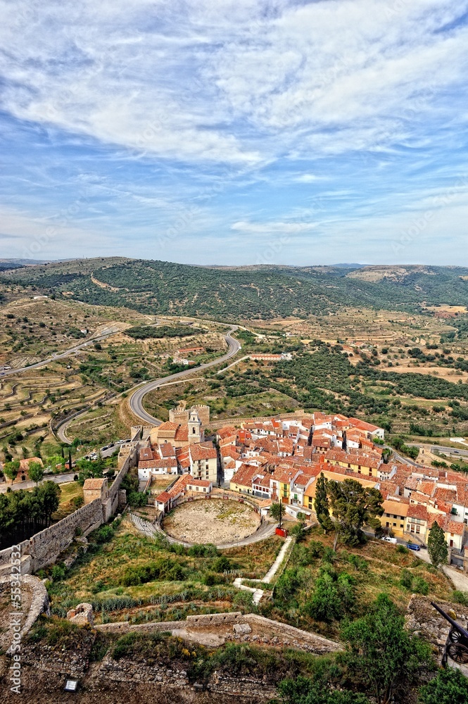 landscape with mountain view of the old town Morella in Spain.