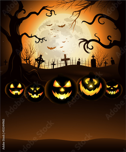 Orange Halloween background with moon and cemetery eps 10
