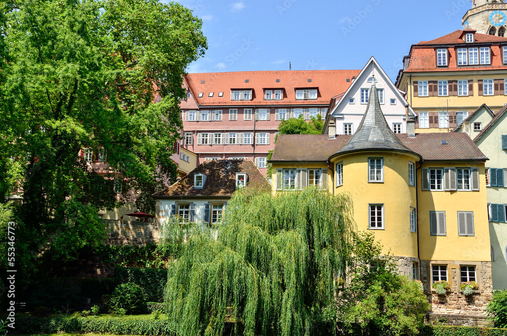 Street view of the Hoelderlin Tower in Tuebingen, Germany Street view of the Hoelderlin Tower in Tuebingen, Germany