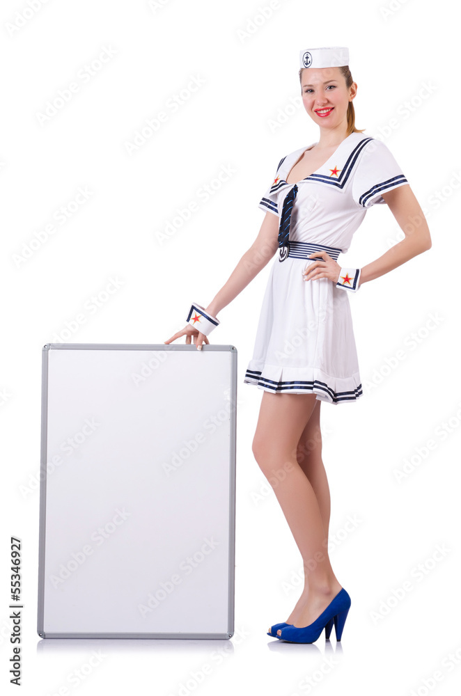 Stewardess with blank board on white Stewardess with blank board on white