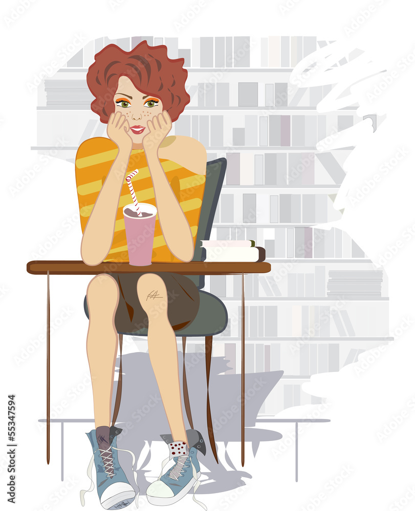 Teenage Girl with Chocolate Shake and Books. Student  on a Desk