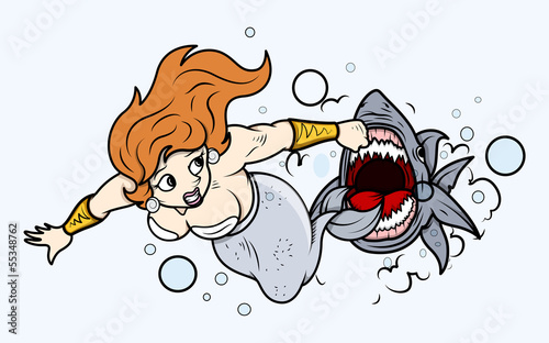 Shark Attack to Mermaid Under Sea - Vector Illustration