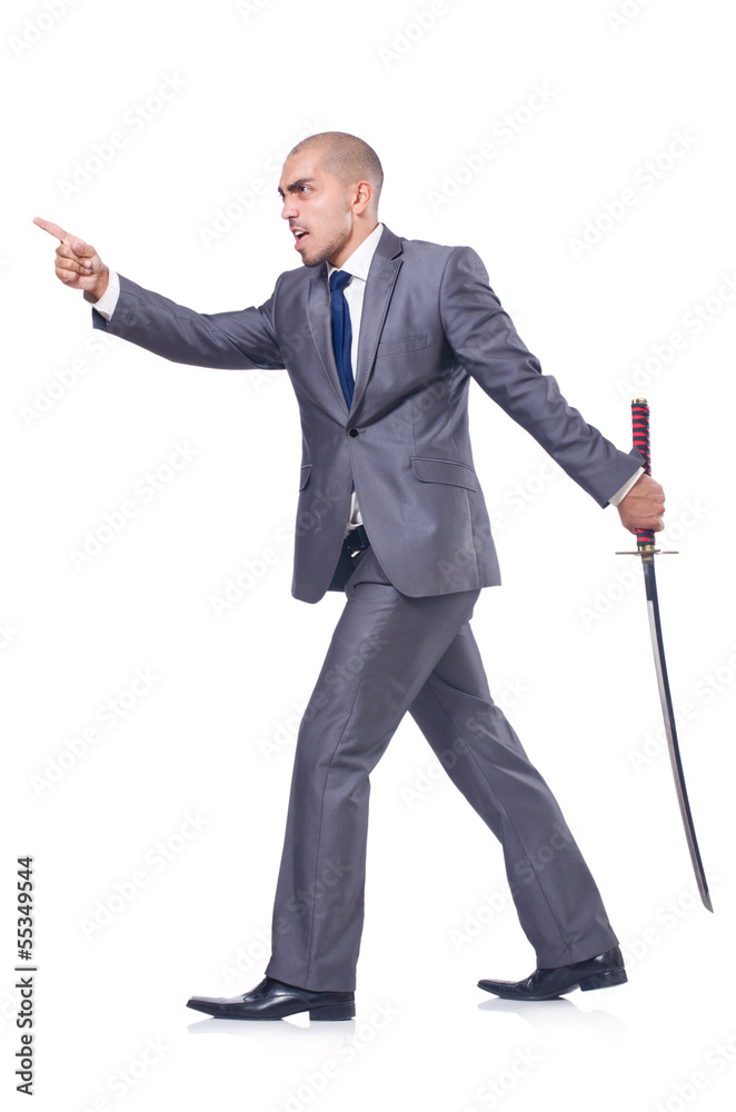 Businessman with sword isolated on white