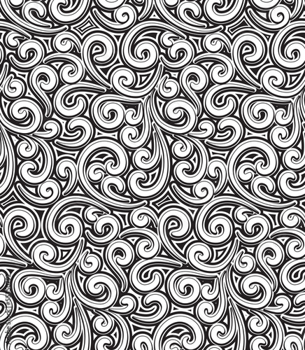 Floral swirls, vintage black and white seamless pattern