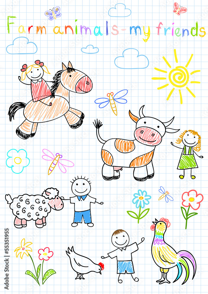 Fototapeta premium Vector sketches happy children's and farm animals