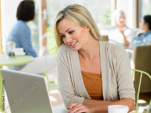 Woman Using Laptop In Cafe