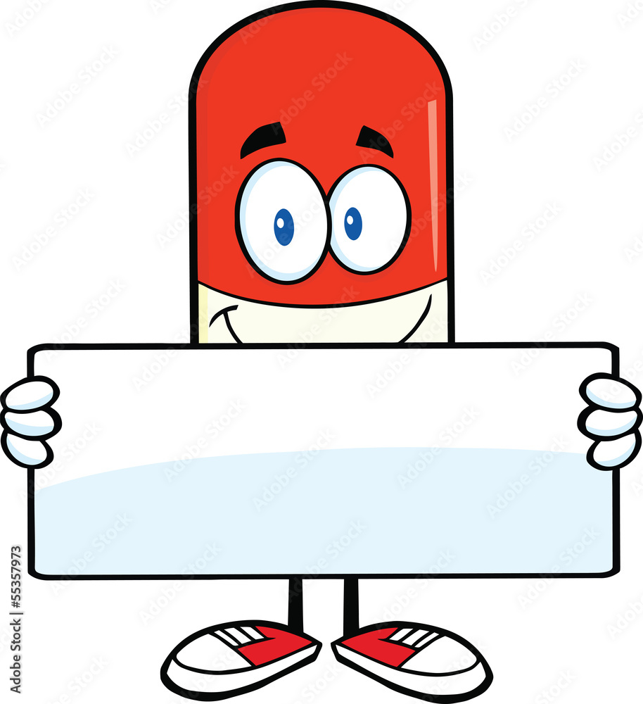 Pill Capsule Cartoon Mascot Character Holding A Banner