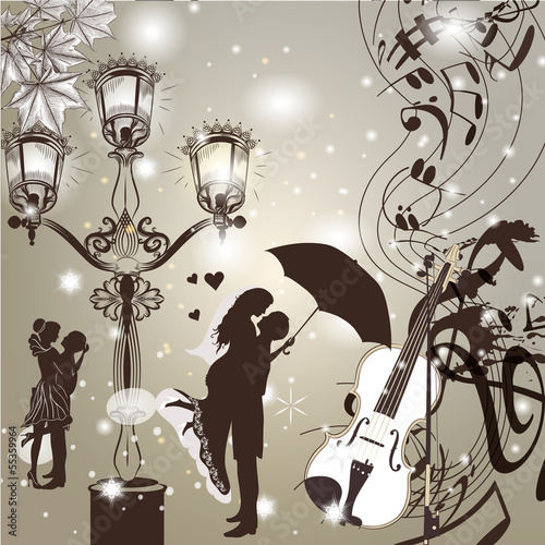 Wedding elegant  background with cute couple street light and vi