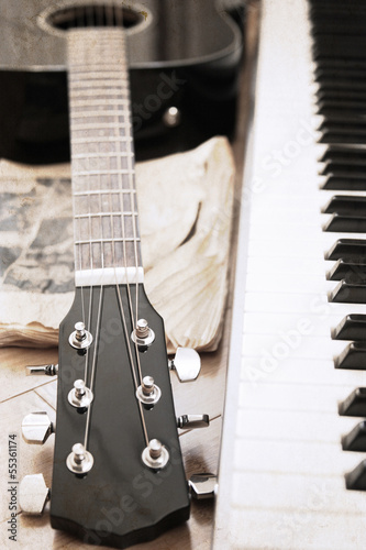 artwork  in vintage style, guitar and fortepiano