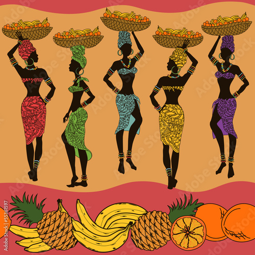 African seamless pattern of fruits and street vendors
