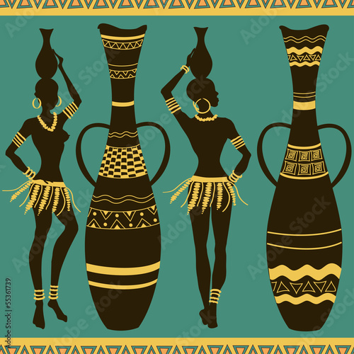African seamless pattern of girls and vases