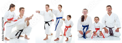 Family karate athletes shows on the white background collage