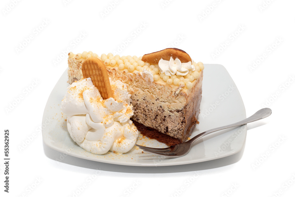 Cake with chocolate, cream and cookies isolated