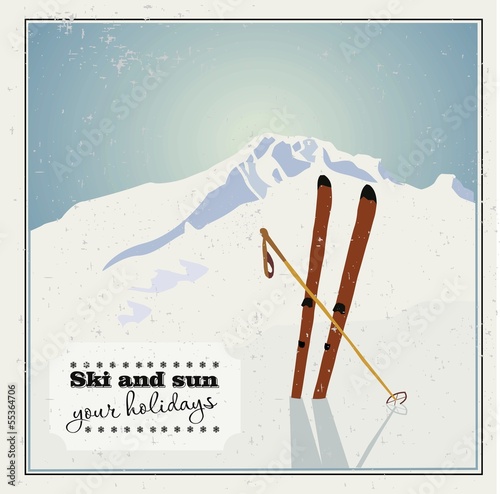Photo Winter  background. Mountains and ski equipment in the snow